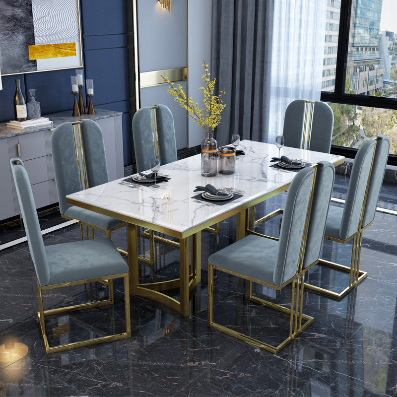 Luxury Sintered Stone Top Kitchen Table Rectangle Table with Gold Double Pedestal