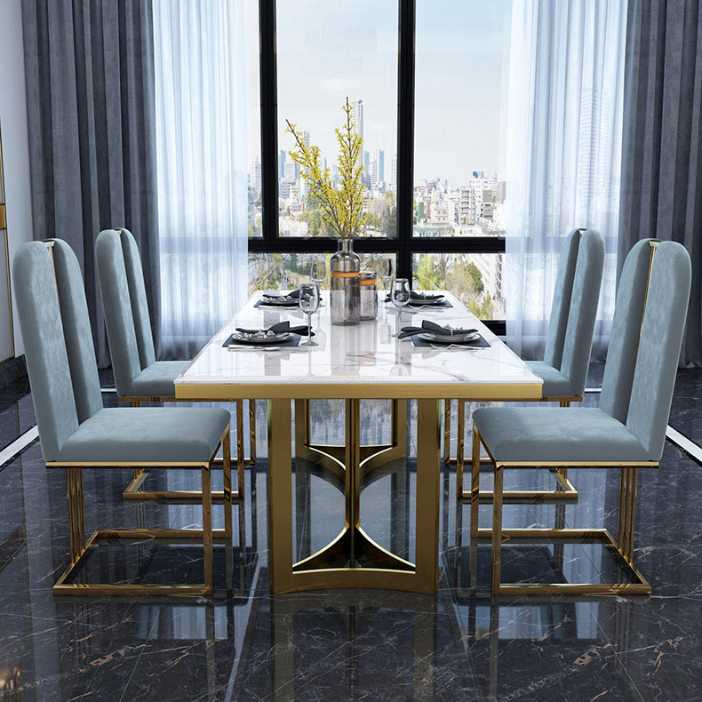 Luxury Sintered Stone Top Kitchen Table Rectangle Table with Gold Double Pedestal