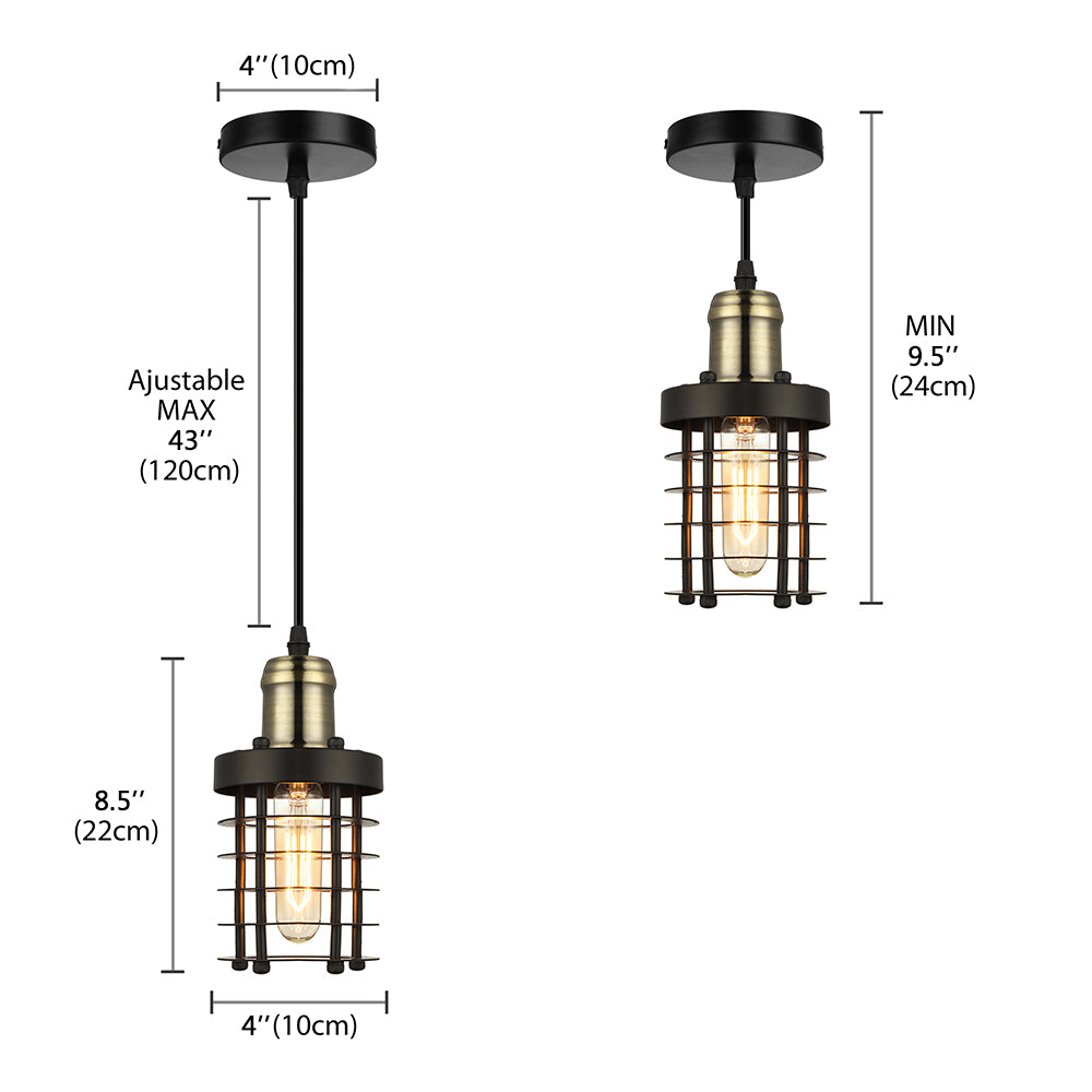 Accesorio de techo cilíndrico de hierro RETRO INDUSTRIAL 1 CABEZA Lámpara colgante de sala de estar con sombra de jaula de alambre en cobre/latón envejecido
