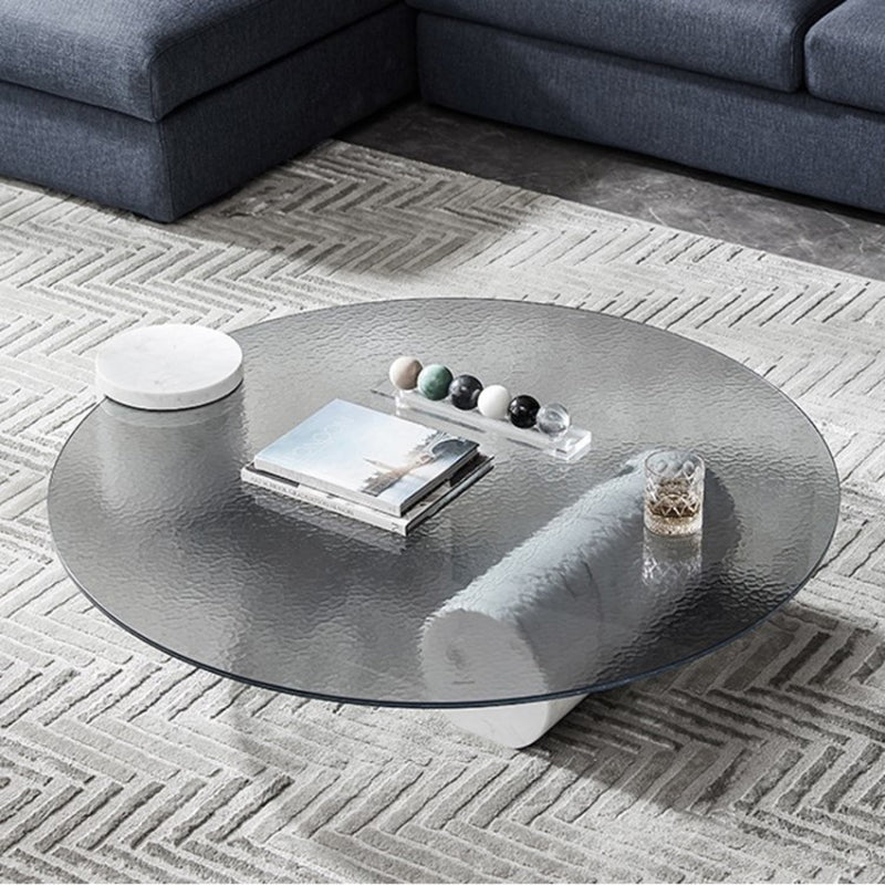 9.8"H Modern Marble Abstract Base Glass Round Coffee Table for Living Room
