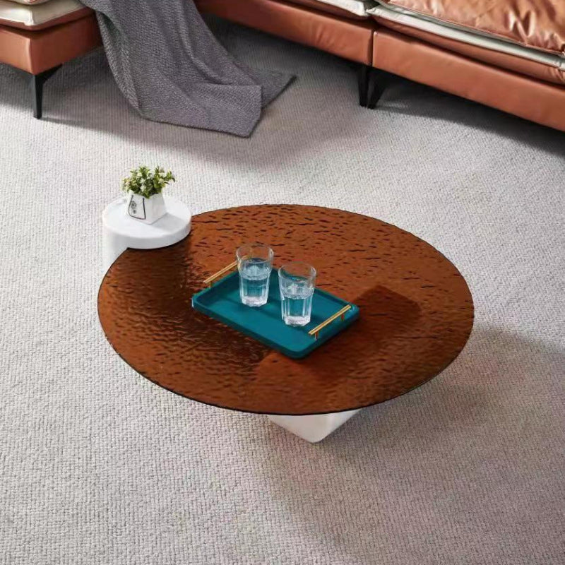 9.8"H Modern Marble Abstract Base Glass Round Coffee Table for Living Room