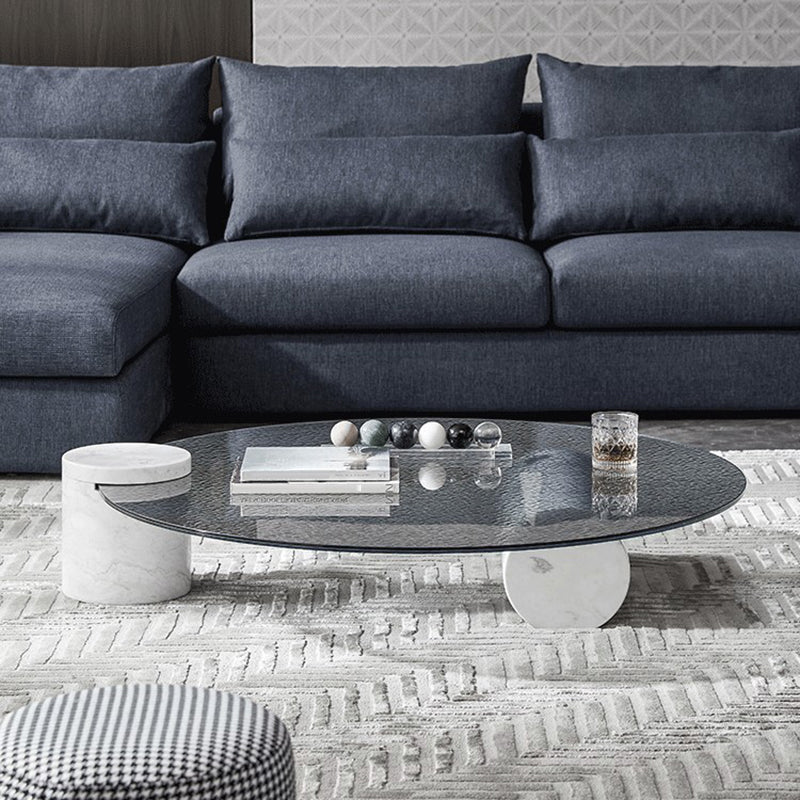 9.8"H Modern Marble Abstract Base Glass Round Coffee Table for Living Room