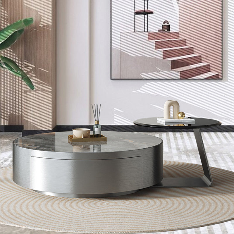 Drum Base Design Cocktail Table Rock Plate/tempered Glass Desktop Coffee Table