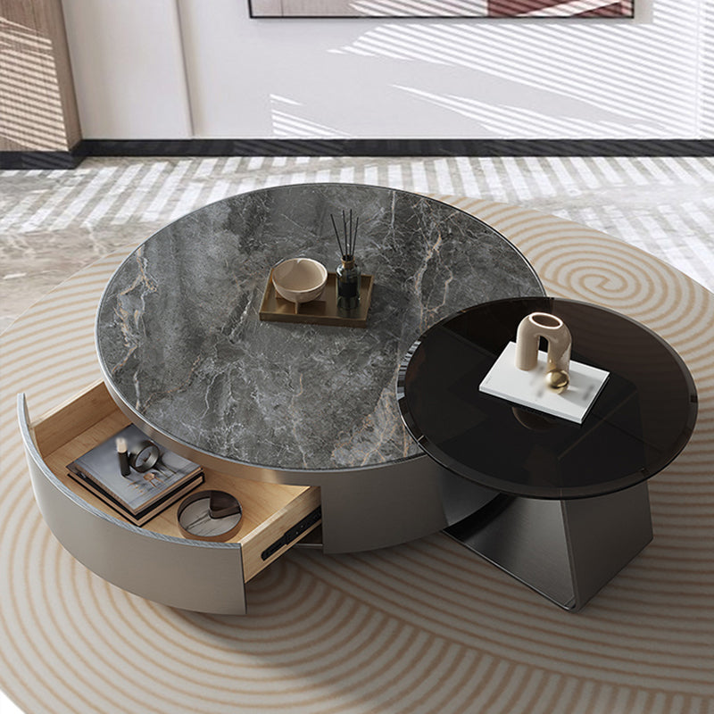 Drum Base Design Cocktail Table Rock Plate/tempered Glass Desktop Coffee Table