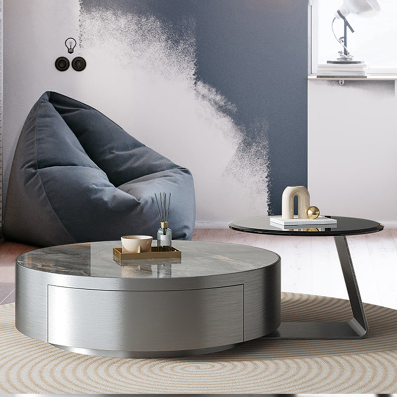 Drum Base Design Cocktail Table Rock Plate/tempered Glass Desktop Coffee Table