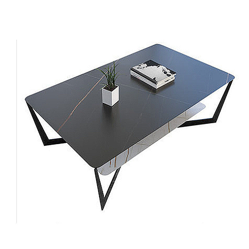 Modern Style Cocktail Table Rock Slate Top with Storage Rack Rectangular Coffee Table