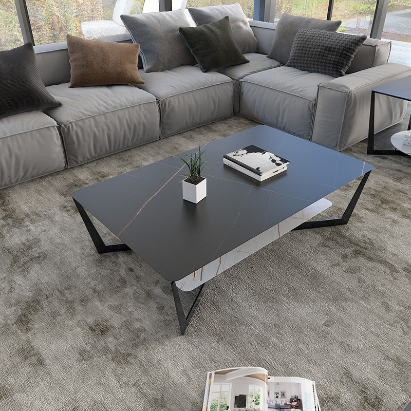 Modern Style Cocktail Table Rock Slate Top with Storage Rack Rectangular Coffee Table