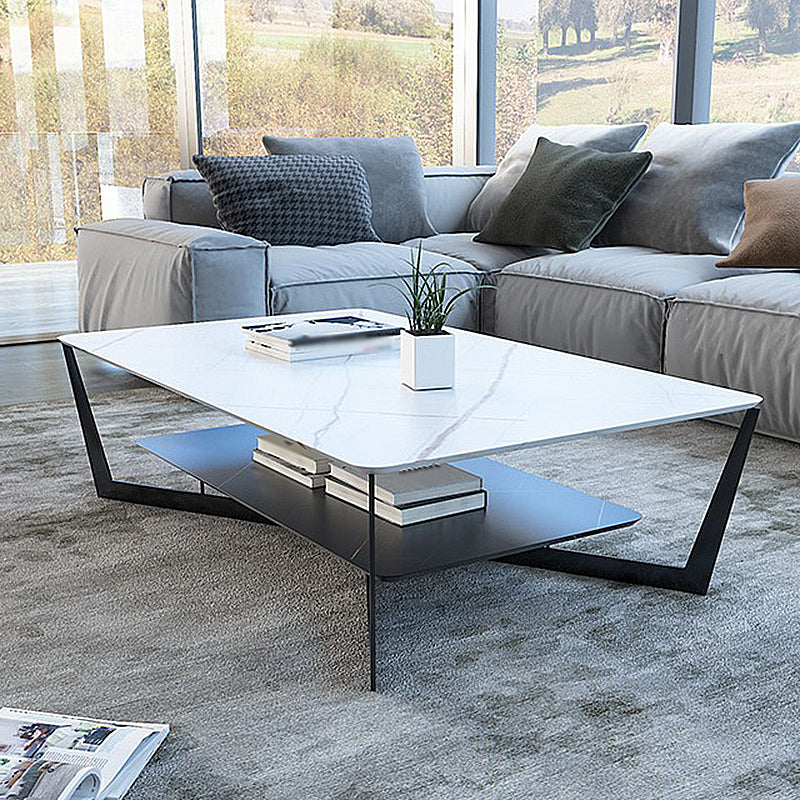 Modern Style Cocktail Table Rock Slate Top with Storage Rack Rectangular Coffee Table