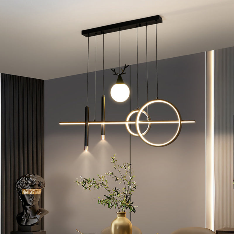 Black Geometric Island Lighting Simple Style Metal LED Pendant Light for Dining Room