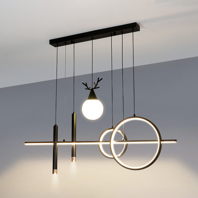 Black Geometric Island Lighting Simple Style Metal LED Pendant Light for Dining Room