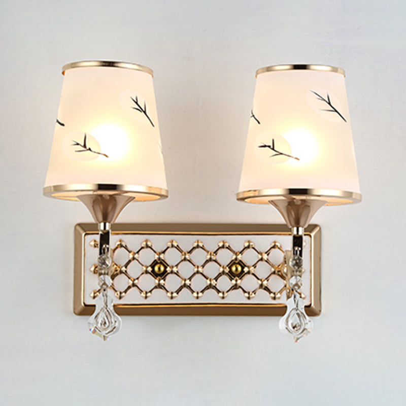 White Glass Flared Wall Lamp Contemporary Gold Wall Light Fixture for Bedroom