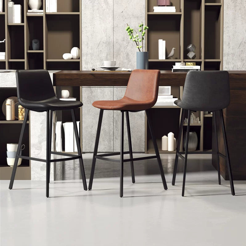 30-inch Glam Iron Barstool Distressed Low Back Indoor Tall Stool with Leather Seat