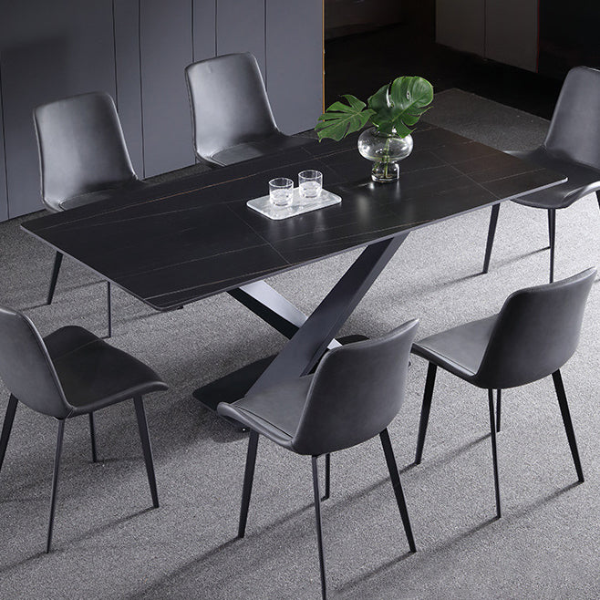 Stone Top Dining Table Modern Rectangle Table with Metal Base in Black