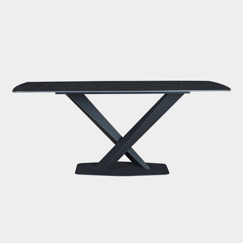 Stone Top Dining Table Modern Rectangle Table with Metal Base in Black