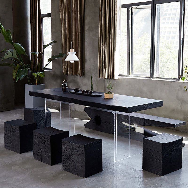 Black Modern Double Pedestal Table Rectangle Pine Solid Wood Top Dining table