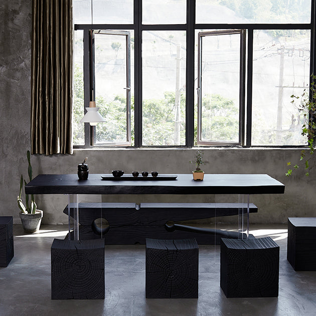Black Modern Double Pedestal Table Rectangle Pine Solid Wood Top Dining table