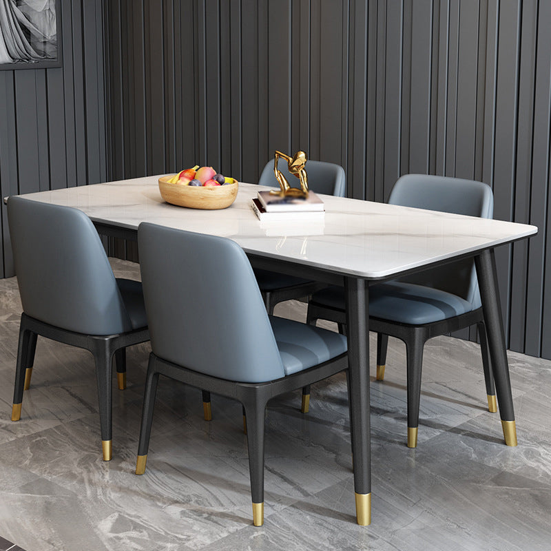 Stone Top Dining Table Modern Rectangle Table with 4 Metal Legs in Black