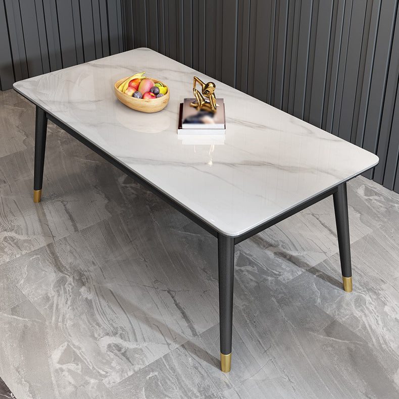 Stone Top Dining Table Modern Rectangle Table with 4 Metal Legs in Black