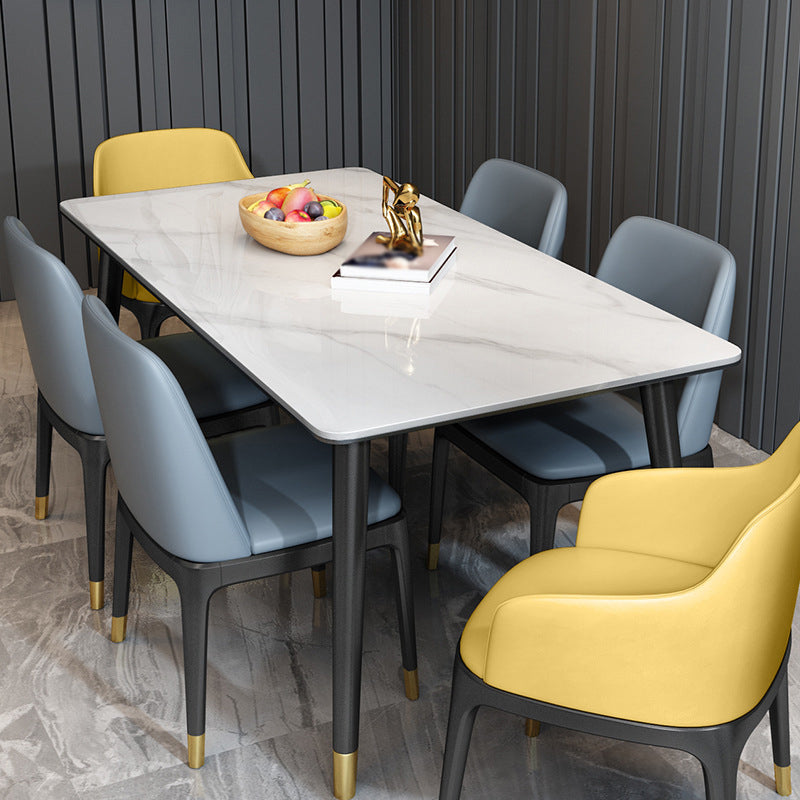 Stone Top Dining Table Modern Rectangle Table with 4 Metal Legs in Black