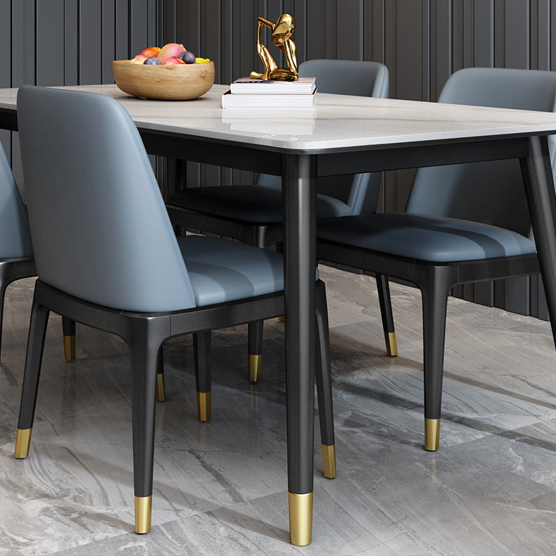 Stone Top Dining Table Modern Rectangle Table with 4 Metal Legs in Black