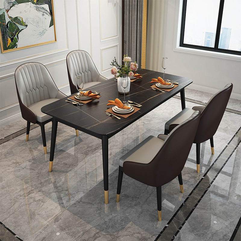 Stone Top Dining Table Contemporary Rectangle Table with 4 Metal Legs in Black