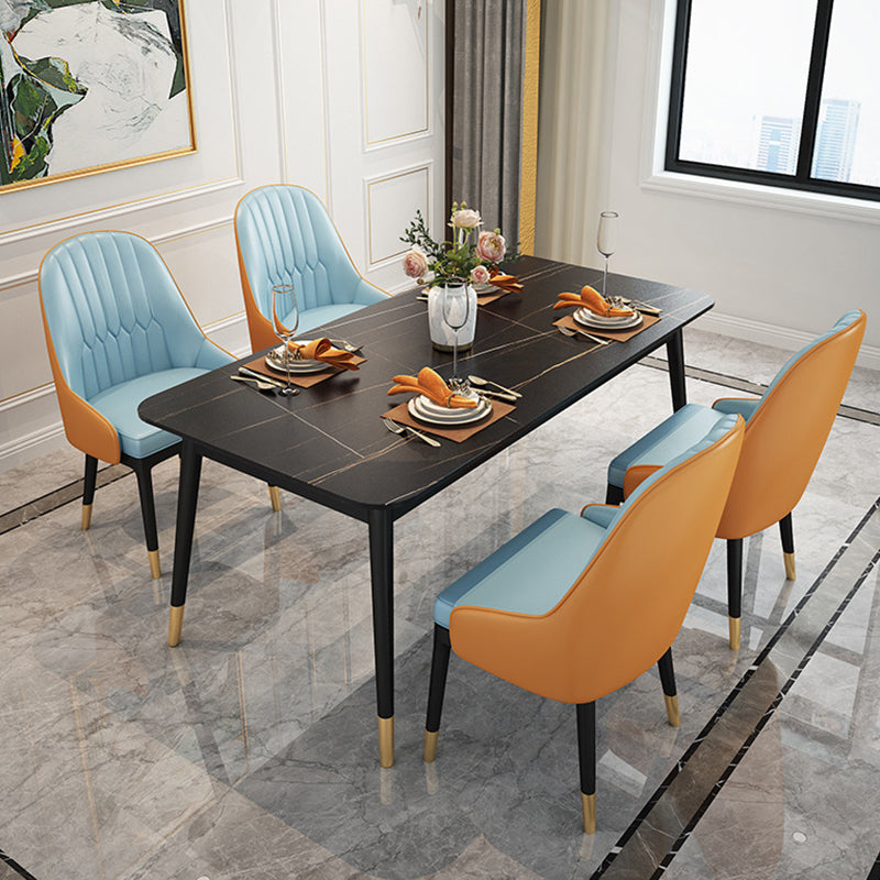 Stone Top Dining Table Contemporary Rectangle Table with 4 Metal Legs in Black