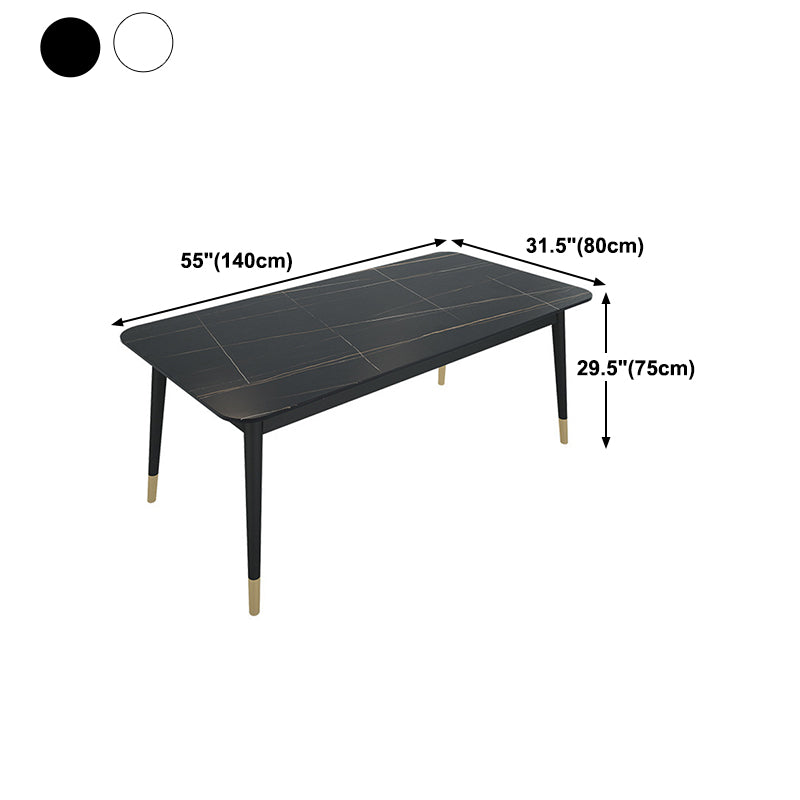 Stone Top Dining Table Contemporary Rectangle Table with 4 Metal Legs in Black