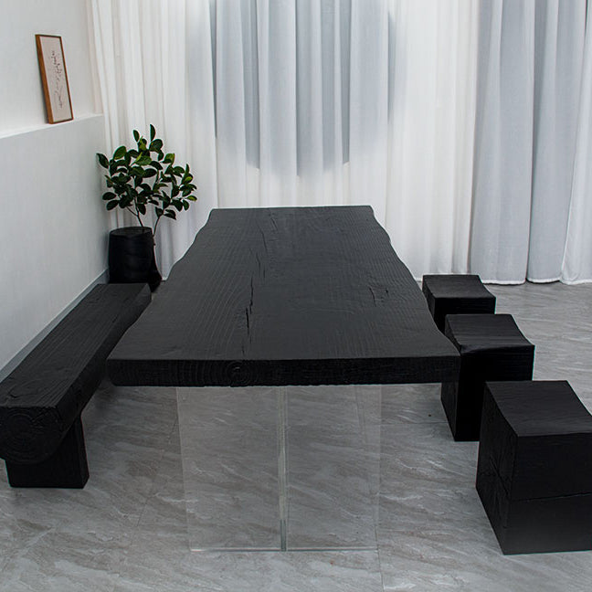 Modern Rectangle Dining Table Black Pine Solid Wood Top Dining Site Table