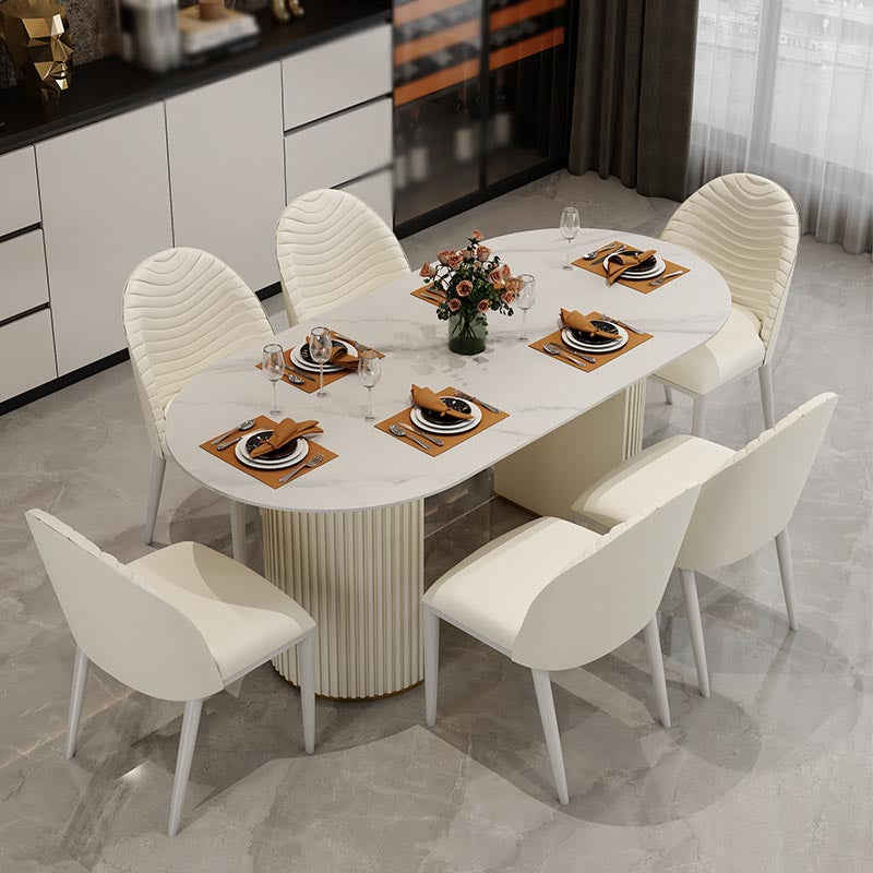 Contemporary Oval Dining Table Stone and Metal Double Pedestal Dining Table in White