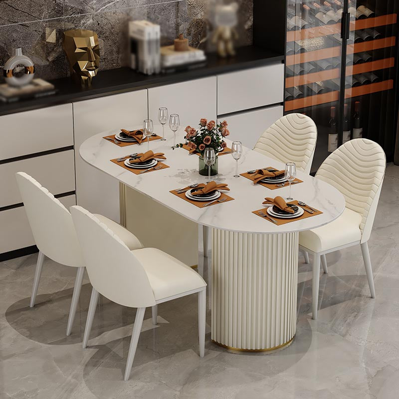Contemporary Oval Dining Table Stone and Metal Double Pedestal Dining Table in White