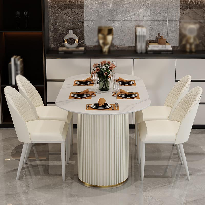 Contemporary Oval Dining Table Stone and Metal Double Pedestal Dining Table in White