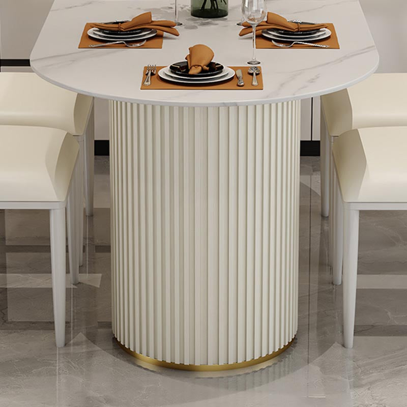 Contemporary Oval Dining Table Stone and Metal Double Pedestal Dining Table in White