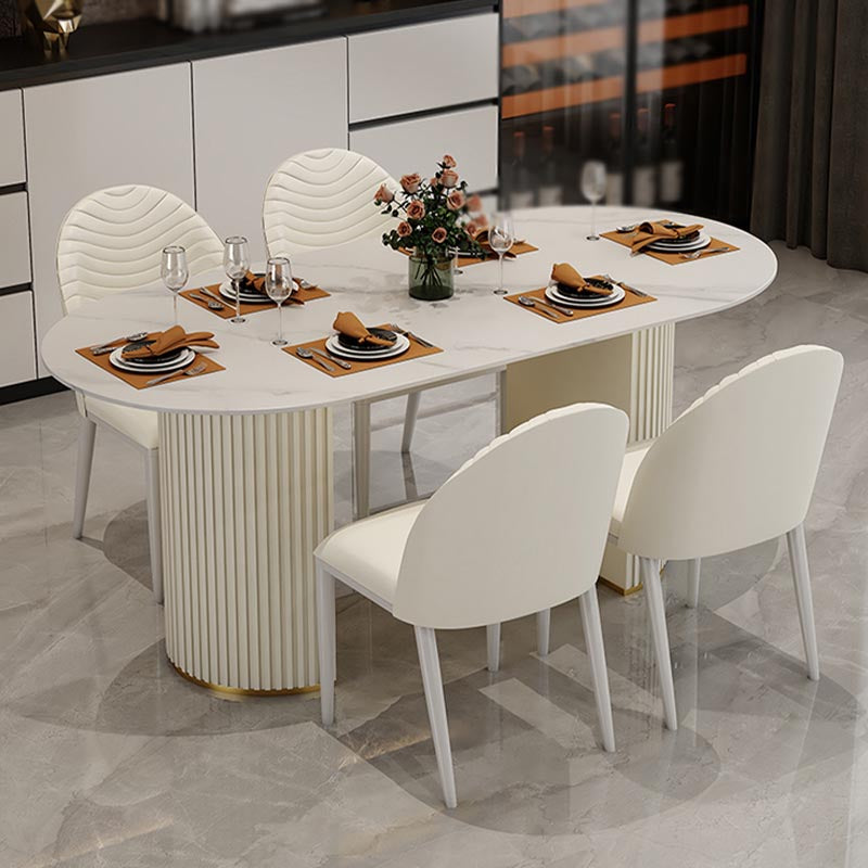 Contemporary Oval Dining Table Stone and Metal Double Pedestal Dining Table in White