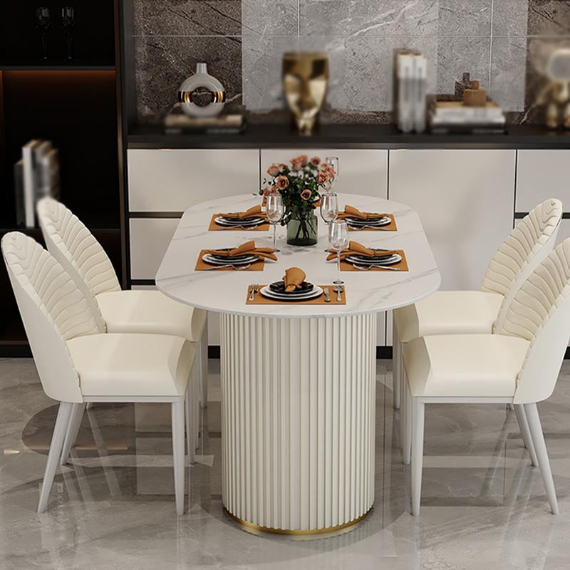 Contemporary Oval Dining Table Stone and Metal Double Pedestal Dining Table in White
