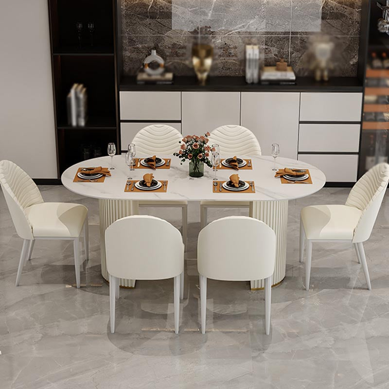 Contemporary Oval Dining Table Stone and Metal Double Pedestal Dining Table in White