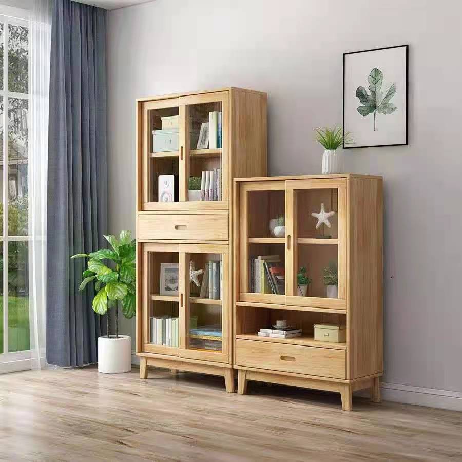 Natural Scandinavian Standard Bookcase Pine Wood Bookcase with Door
