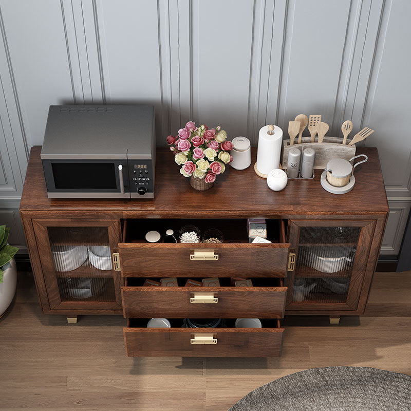 Modern Rubberwood Solid Wood Sideboard 34.5" H Brown Credenza for Dining Room