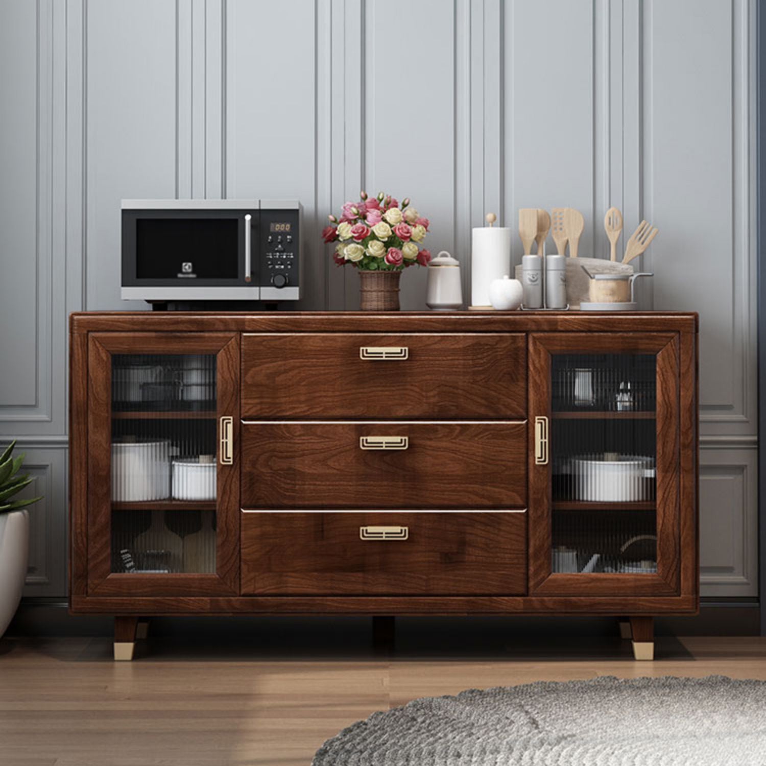 Modern Rubberwood Solid Wood Sideboard 34.5" H Brown Credenza for Dining Room