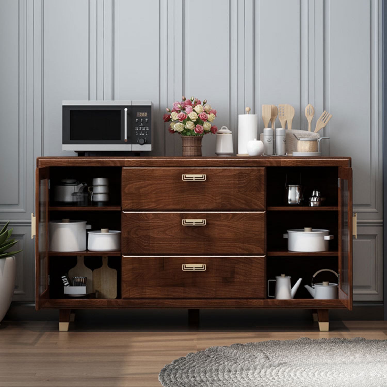 Modern Rubberwood Solid Wood Sideboard 34.5" H Brown Credenza for Dining Room