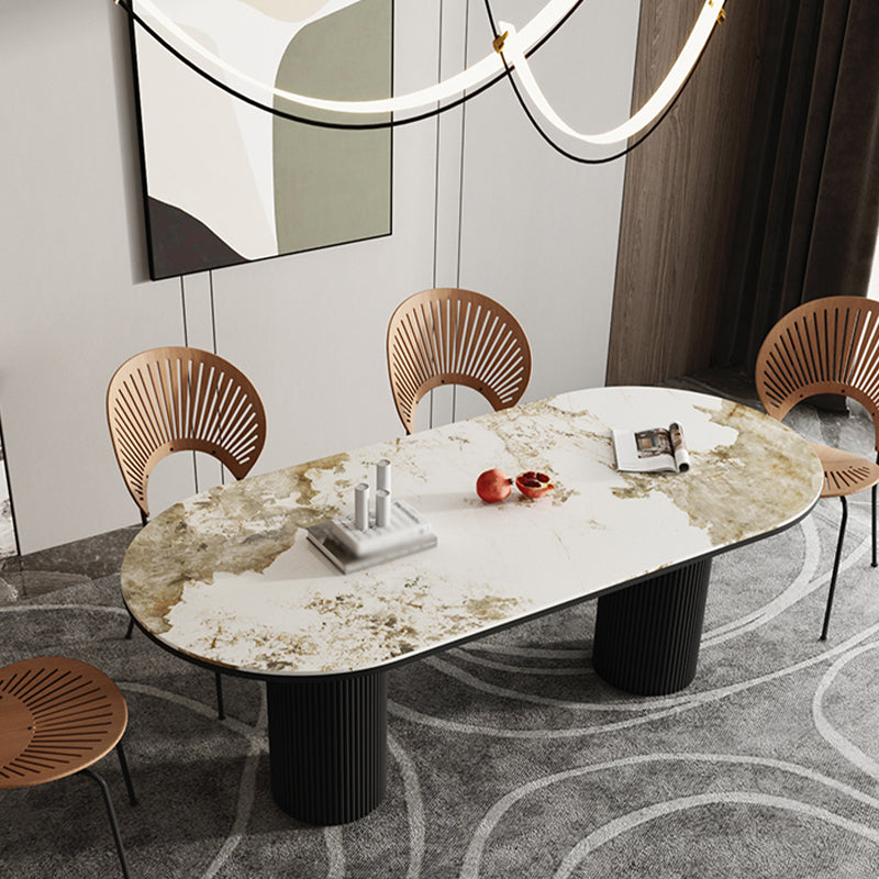 Gold Oval Stone Dining Site Table Modern Iron Double Pedestal Dining Table