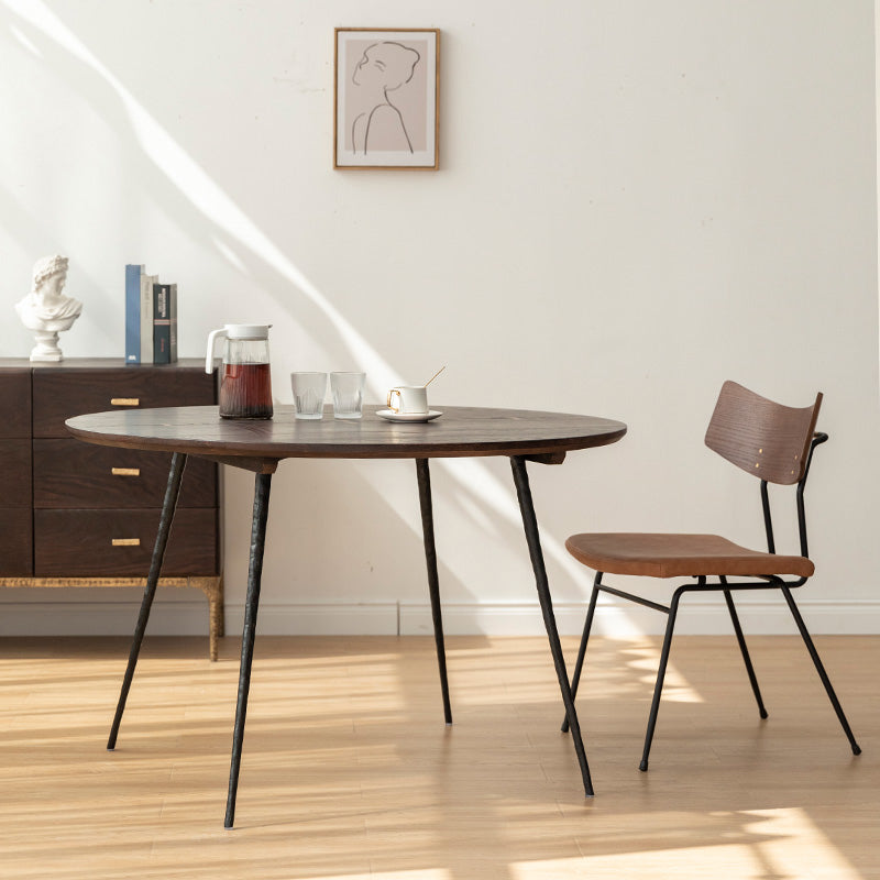 Round Solid Wood Dining Table Brown 4 Legs Dining Table with Metal Base