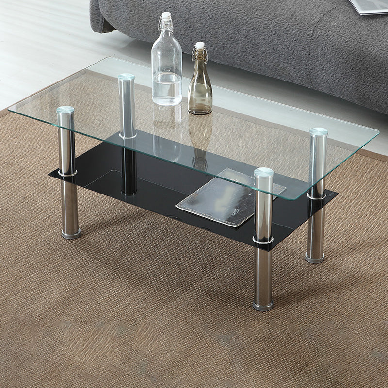 16.9" Tall Modern Stainless Steel 4 Legs Rectangular Glass Top Coffee Table with Shelf