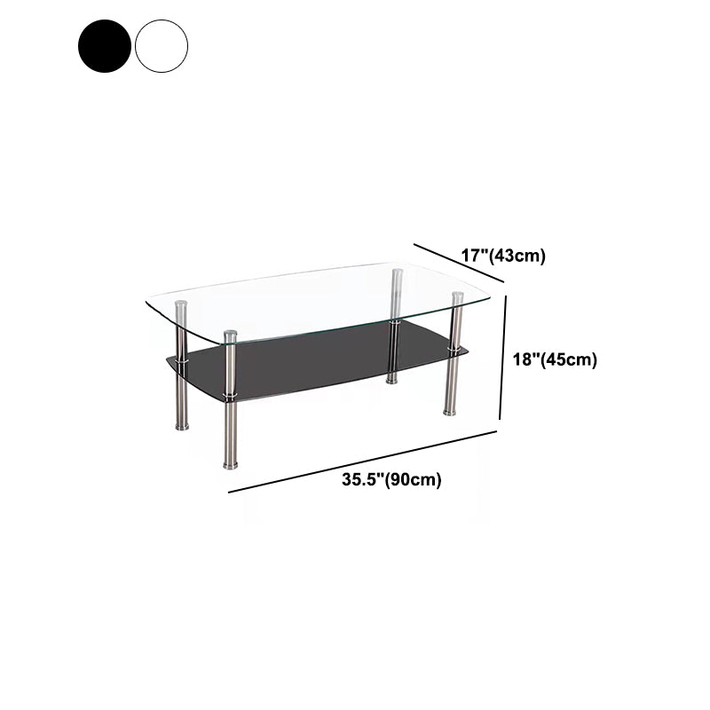 16.9" Tall Modern Stainless Steel 4 Legs Rectangular Glass Top Coffee Table with Shelf