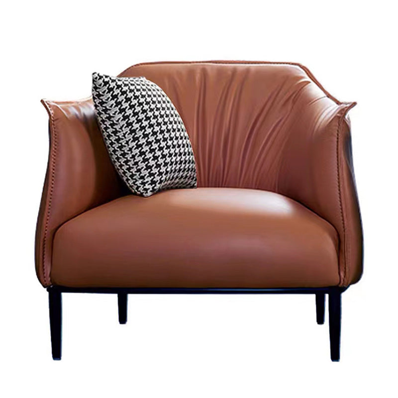 Solid Color Genuine Leather Arms Included with Black Legs Round Arms Barrel Chair