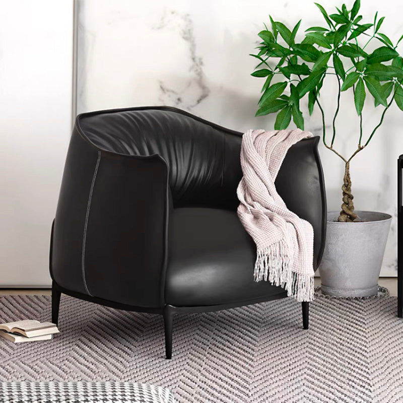 Solid Color Genuine Leather Arms Included with Black Legs Round Arms Barrel Chair