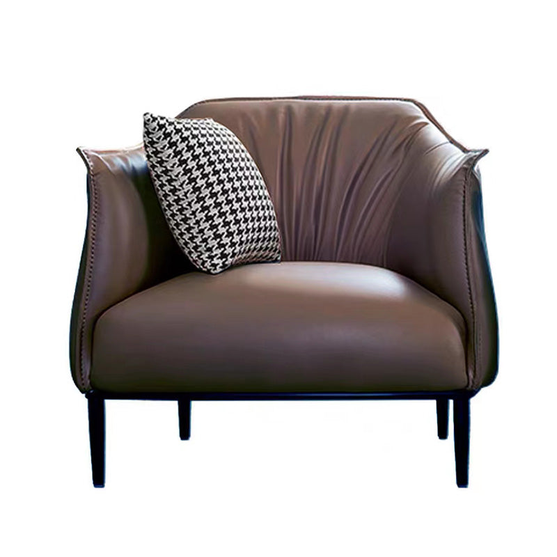 Solid Color Genuine Leather Arms Included with Black Legs Round Arms Barrel Chair