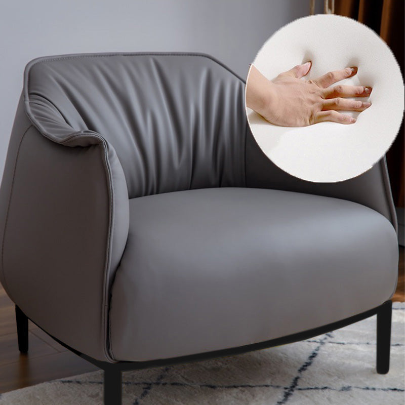 Solid Color Genuine Leather Arms Included with Black Legs Round Arms Barrel Chair