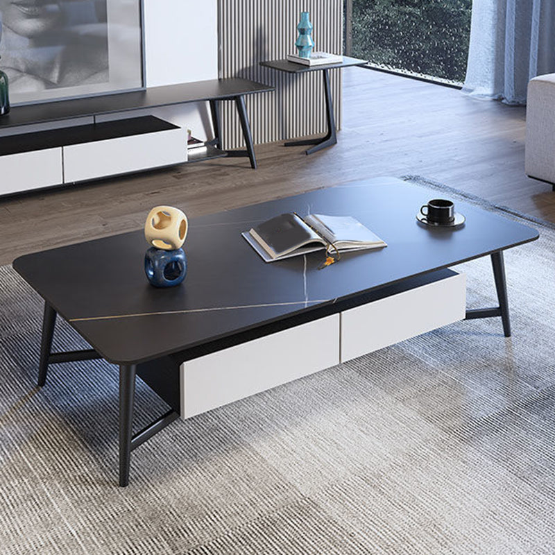 4 Legs Base Rock Slate Top Cocktail Table Metal Iron Base Rectangular Coffee Table