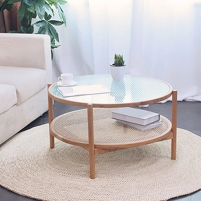 4 Legs Bunching Table with Solid Wood Base Round Coffee Table with Tempered Glass Top
