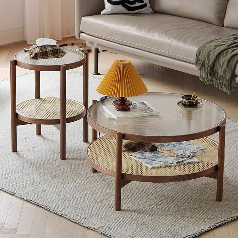 4 Legs Bunching Table with Solid Wood Base Round Coffee Table with Tempered Glass Top